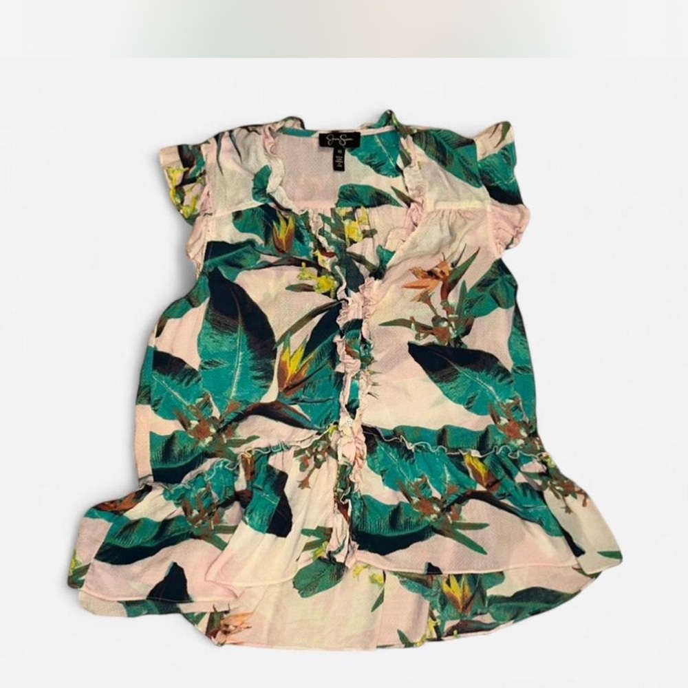 JESSICA SIMPSON TROPICAL FLORAL BIRDS OF PARADISE RUFFLE PEPLUM TANK TOP